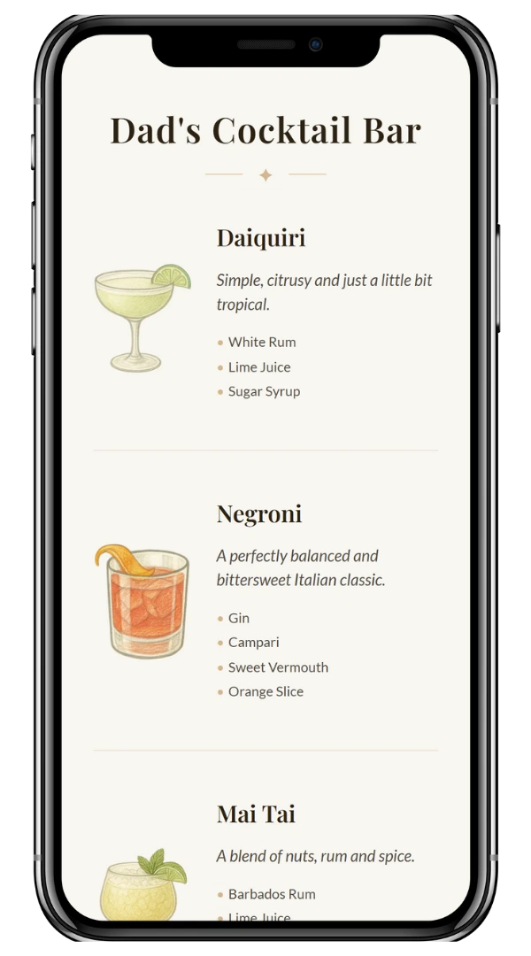 Mobile phone displaying a digital cocktail bar menu - MyBarMenu app preview